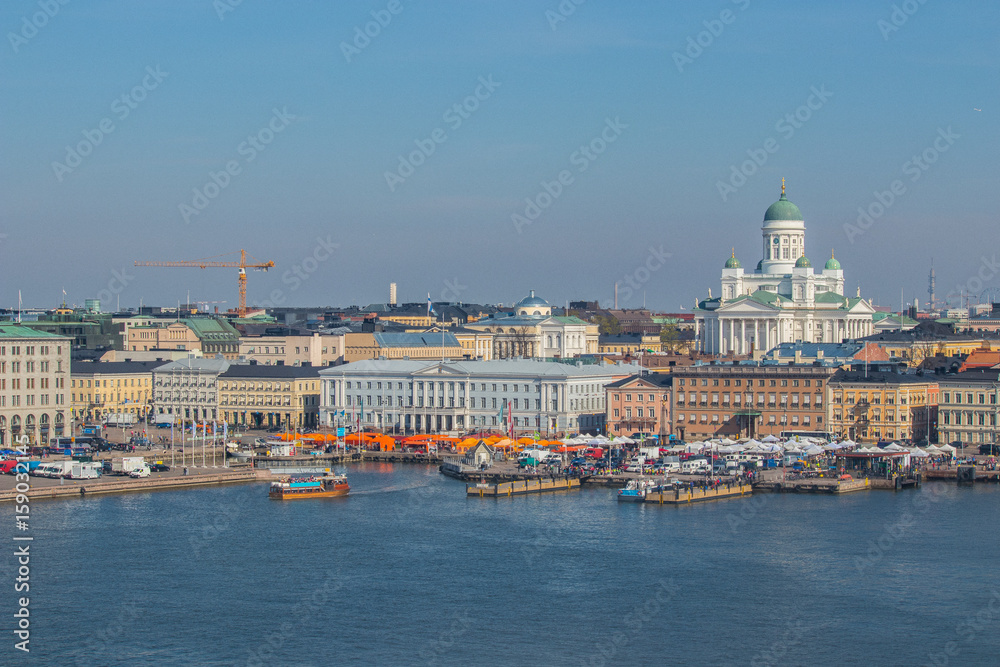 Helsinki cityscape and market square. The capital of Finland.