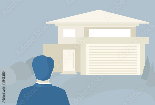 Business man looking at a new house. Cartoon background vector illustration.