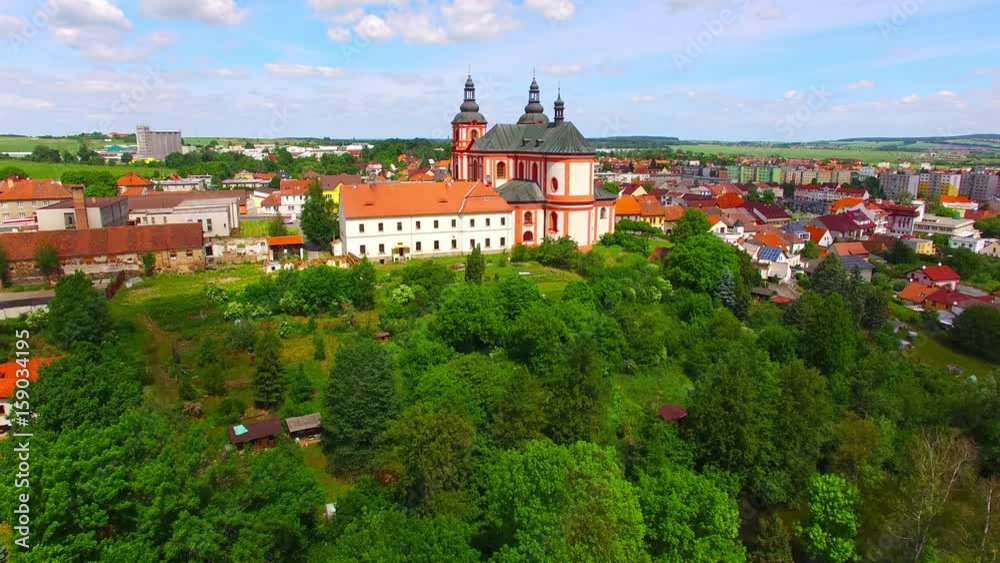 Church of The Assumption (1775) in small town Prestice. Architecture from above. Rare baroque monument in Czech Republic, Central Europe. Church of The Assumption (1775) in small town Prestice. Architecture from above. Rare baroque monument in Czech Republic, Central Europe.