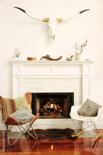 Living room with fireplace, steer head, and chairs photo