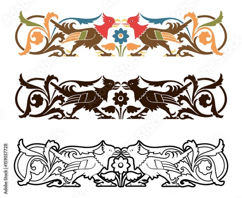 Two game birds with flourishes in stencil style