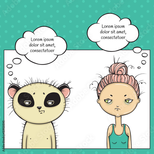 Tired girl and panda thinking about make-up. Pop art thinking bubble.