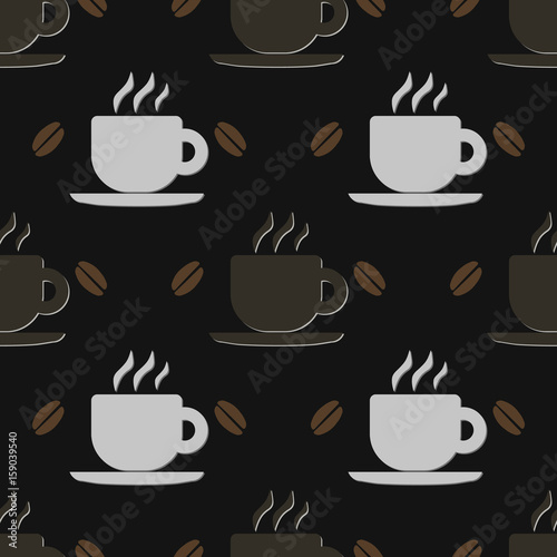Cups and coffee beans. Food and drink pattern. Vector illustration. Wallpaper  print packaging  textiles. Vector seamless background