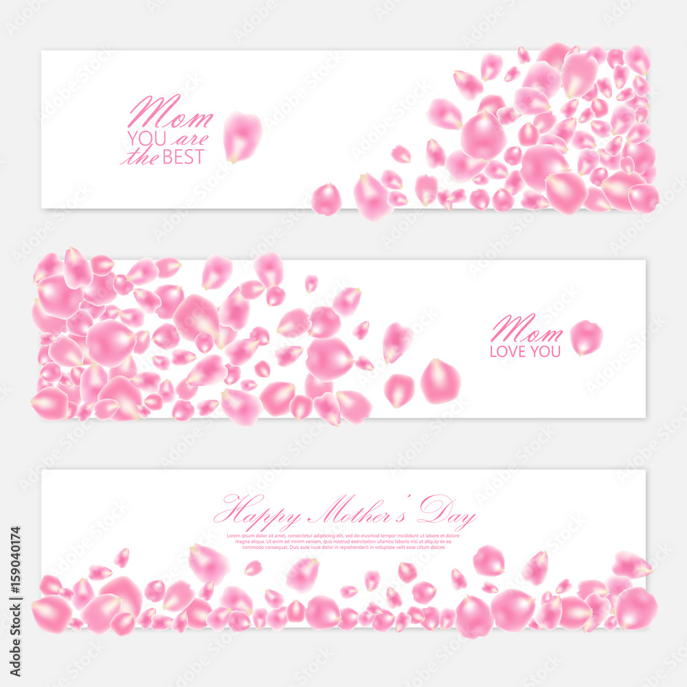Vector horizontal banners set of scattered rose petals for different design. Mothers Day concept. Isolated