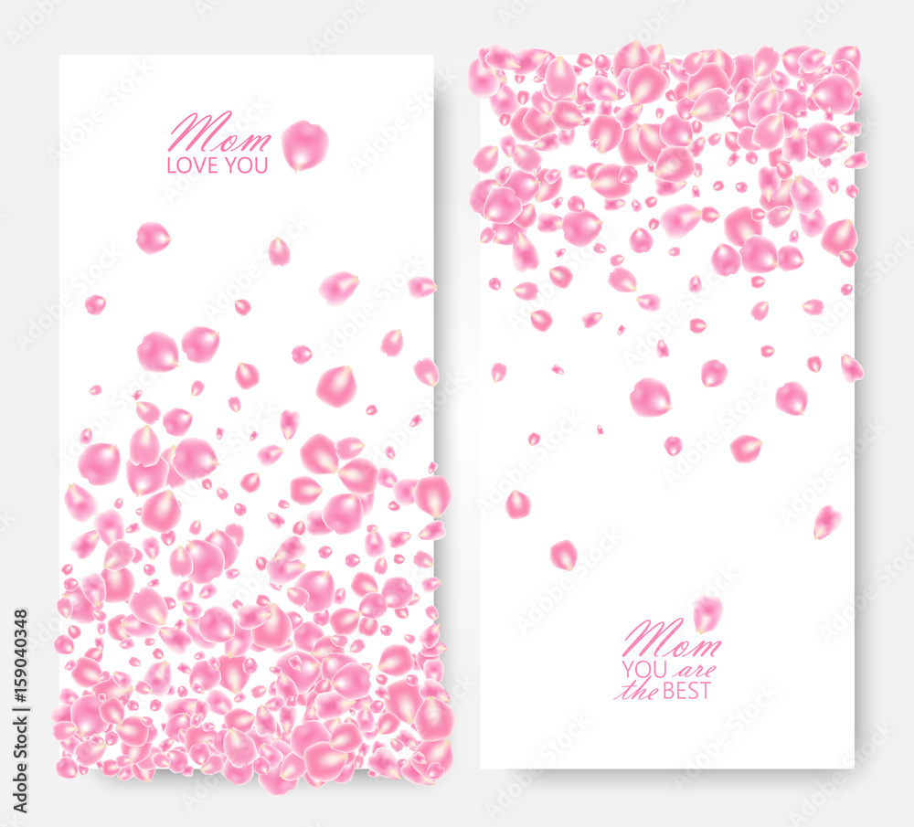 Mothers Day banners set of vertical concept design cards with scattered Rose petals and greeting inscription. Isolated. Vector illustration Mothers Day banners set of vertical concept design cards with scattered Rose petals and greeting inscription. Isolated. Vector illustration