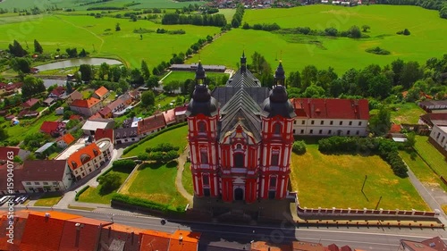 Church of The Assumption (1775) in small town Prestice. Architecture from above. Rare baroque monument in Czech Republic, Central Europe.  photo