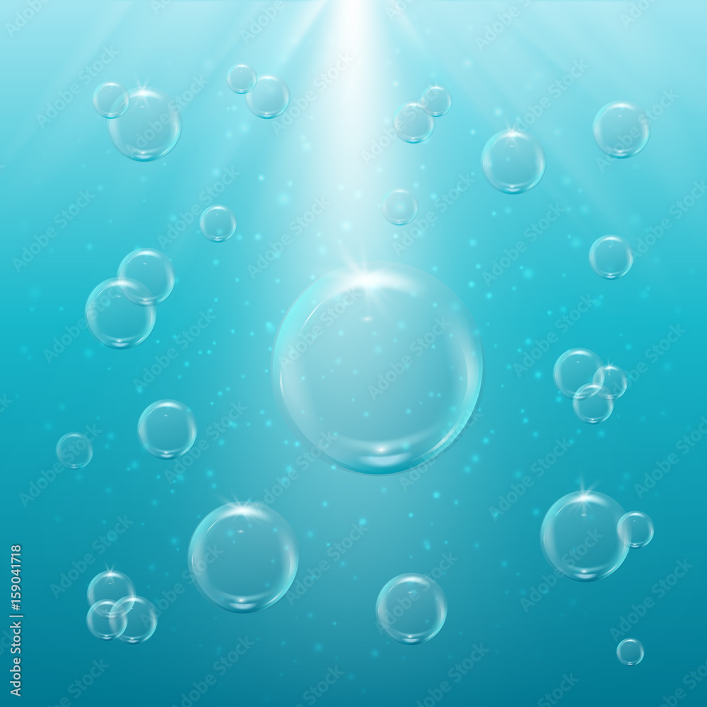 Bubbles in light sunny water. Turquoise banner or flyer with water sprays. Sunshine flare. Blue background with bubbles. Glowing rays and sparkles beam. Sun flash with solar effect and radiate burst.