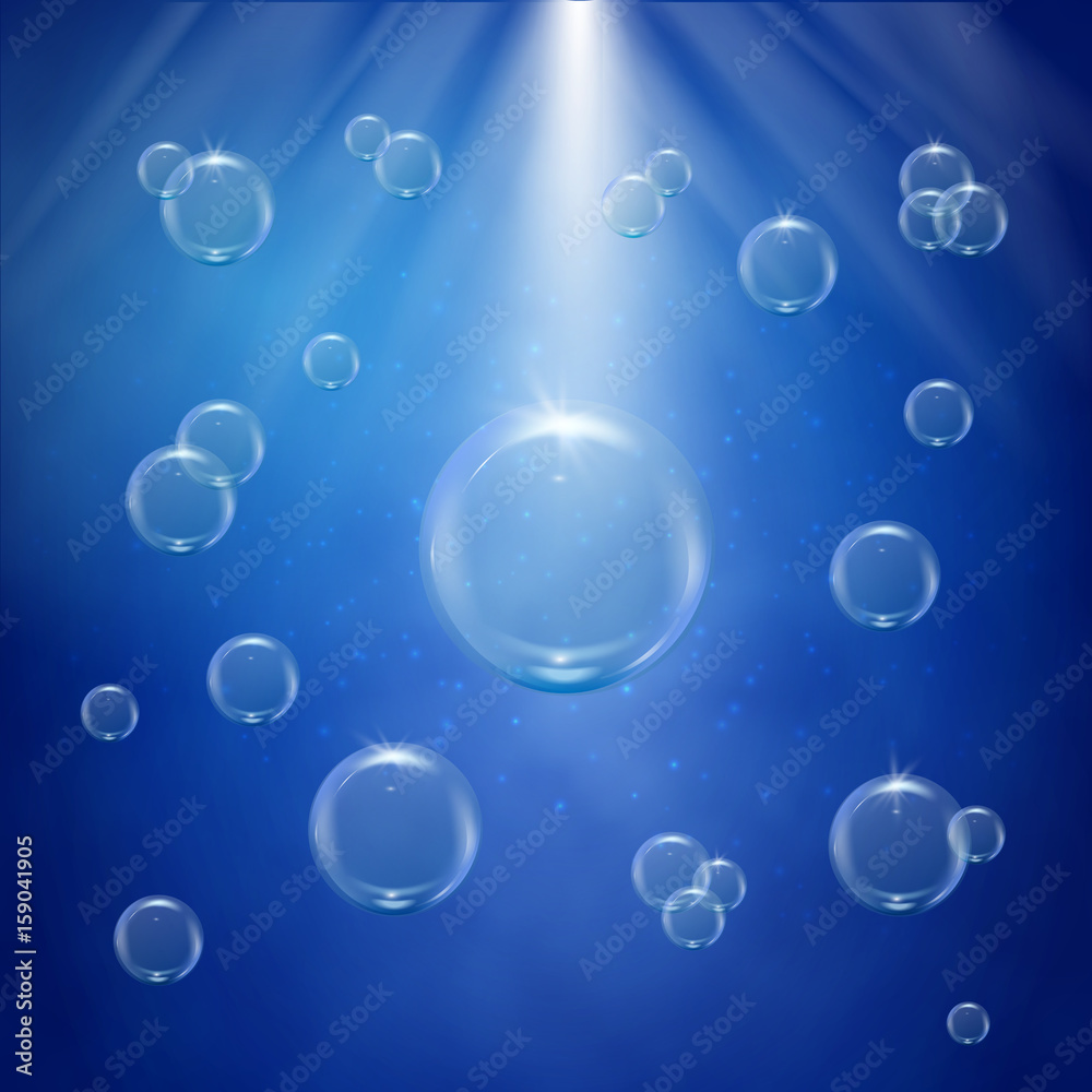 Bubbles in sunny water. Blue banner or flyer with water sprays. Sunshine flare. Underwater background with bubbles. Glowing rays and sparkles beam. Sun flash with solar effect and radiate burst.