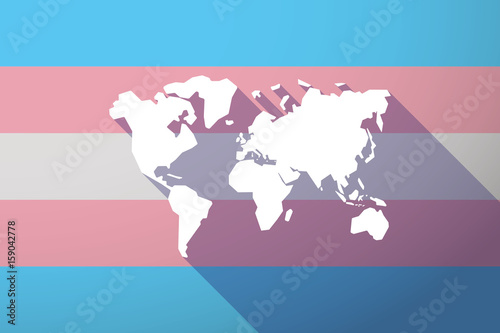 Long shadow transgender flag with a world map