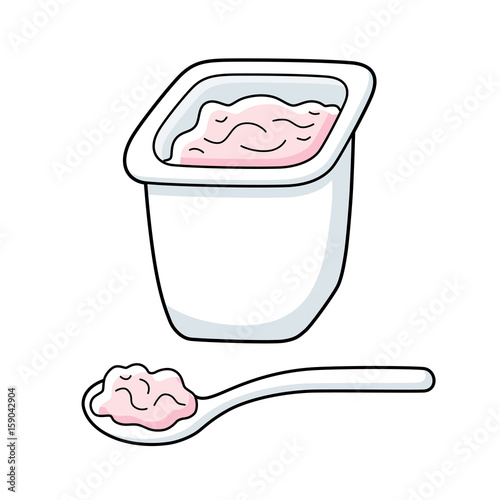 Yogurt in a white plastic cup and spoon isolated.