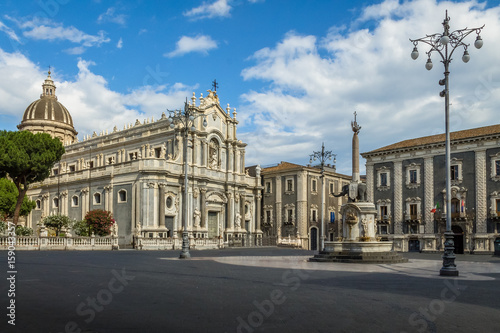 Piazza del Duomo (Cathedral Square) with the Cathedral of Santa Agatha and the Elephant Sculpture Fountain - Catania, Sicily, Italy