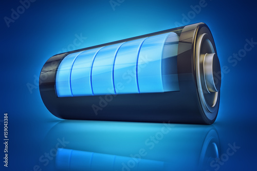 Electrical energy and power supply source concept, accumulator battery with charging level indicator on blue background