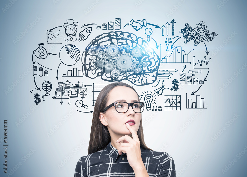 Portrait of a geek girl in glasses, brain scheme Portrait of a geek girl in glasses, brain scheme