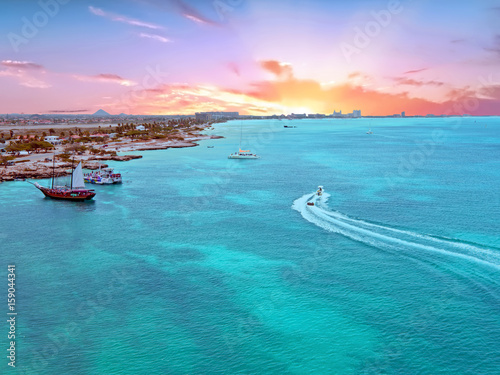 Aerial from Aruba island in the Caribbean Sea at sunset photo