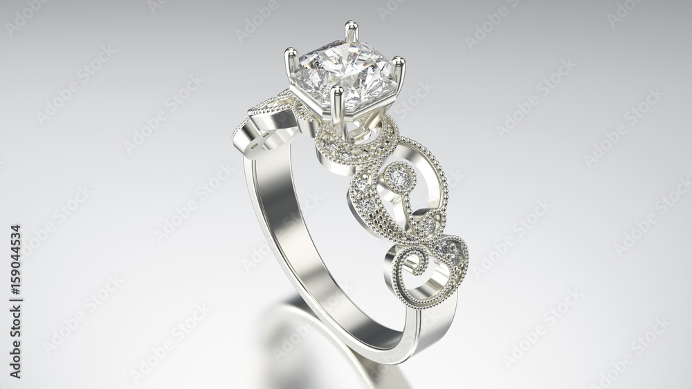 3D illustration silver ring with diamonds and ornament 3D illustration silver ring with diamonds and ornament