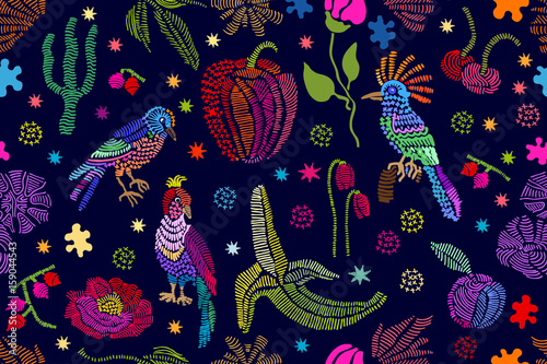 Floral embroidery. Seamless vector pattern with birds, fruits and flowers.