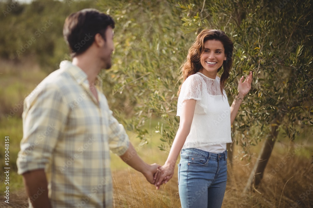 Smiling couple standing by tree at farm