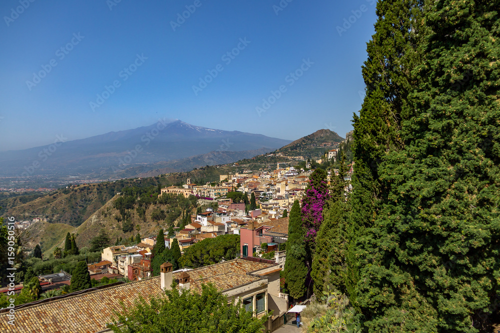 Aerial view of Taormina city and Mount Etna Volcano - Taormina, Sicily, Italy