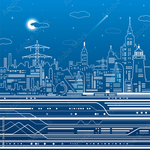 Infrastructure illustration, night city, airplane fly, train move, urban scene, white lines on blue background, vector design art
