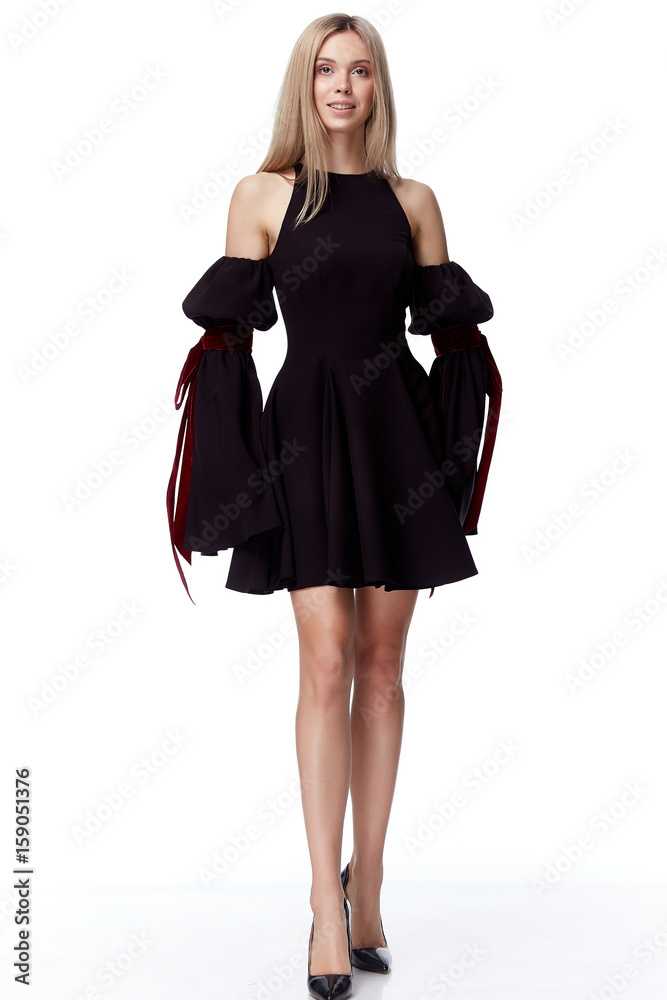 Sexy pretty fashion model blond hair woman wear style for party office clothes organic natural black short dress white background makeup lady beautiful face luxury lifestyle . Sexy pretty fashion model blond hair woman wear style for party office clothes organic natural black short dress white background makeup lady beautiful face luxury lifestyle .