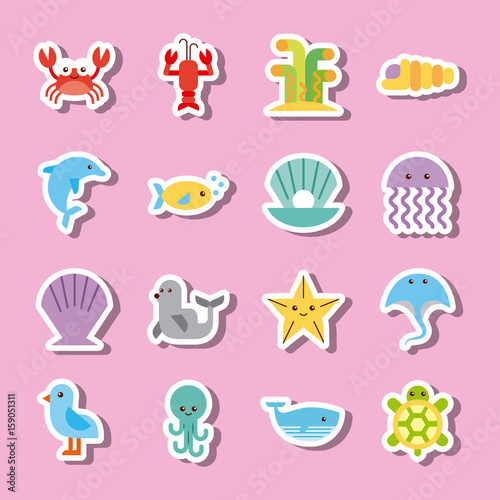 sea life icons set flat draw illustration vector design graphic