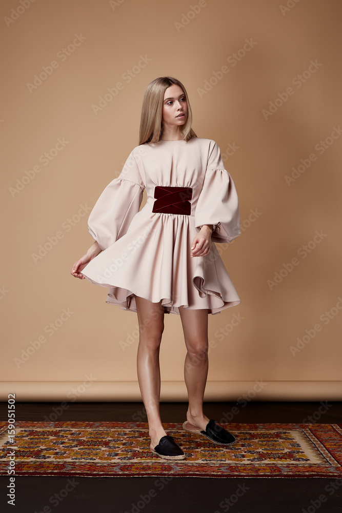 Stockfoto Fashion model pose fore catalog summer collection designer  clothes casual short dress for office party walk meeting pretty beauty  woman blonde hair natural makeup elegance lady businesswoman sexy. | Adobe  Stock