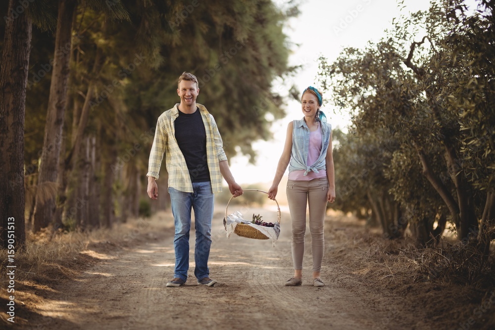 Portrait of couple carrying basket while walking