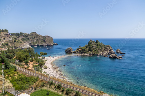 Aerial view of Isola Bella island and beach - Taormina, Sicily, Italy