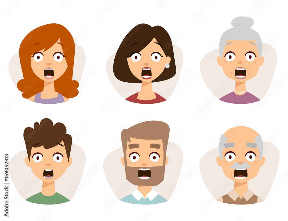 Vector set beautiful emoticons face of people fear shock surprise avatars characters illustration Vector set beautiful emoticons face of people fear shock surprise avatars characters illustration