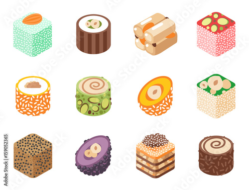 East delicious dessert isolated on white sweets food confectionery homemade assortment vector illustration