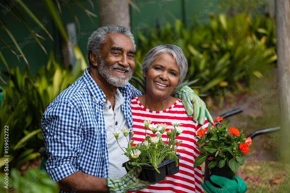 Portrait of smiling senior couple standing together in backyard