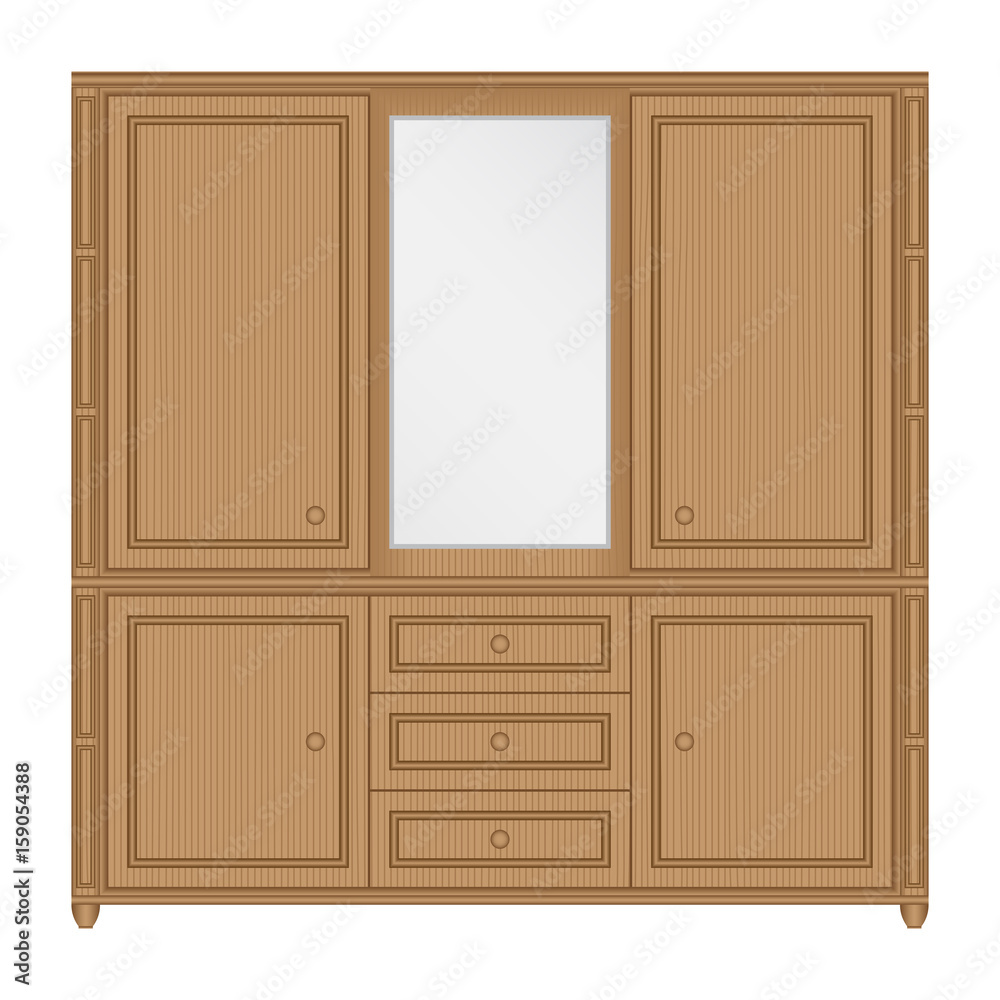 Front view of wooden wardrobe with mirror and drawers in isolated white background Front view of wooden wardrobe with mirror and drawers in isolated white background