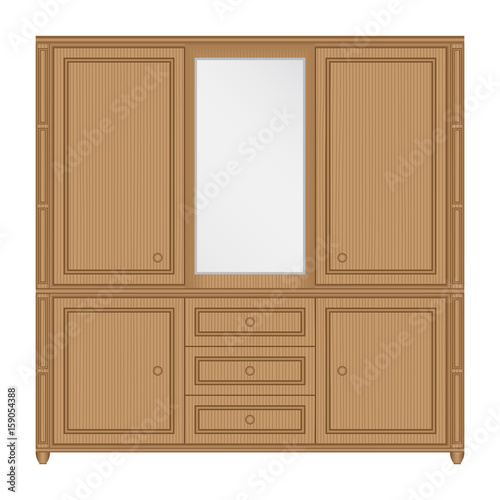 Front view of wooden wardrobe with mirror and drawers in isolated white background
