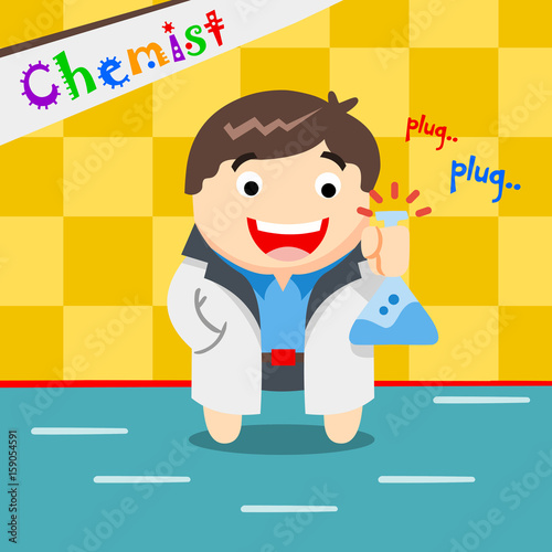 a chemist smile with the chemical bottle. vector cartoon illustration