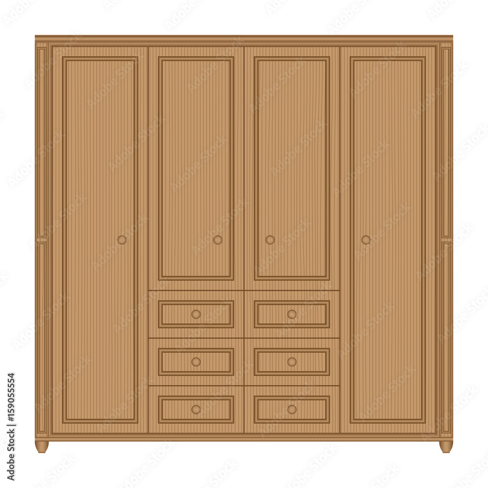 Front view of wooden wardrobe with drawers in isolated white background Front view of wooden wardrobe with drawers in isolated white background