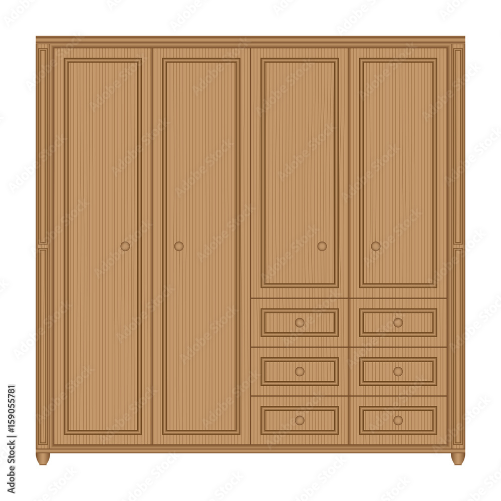 Front view of wooden wardrobe with drawers in isolated white background Front view of wooden wardrobe with drawers in isolated white background