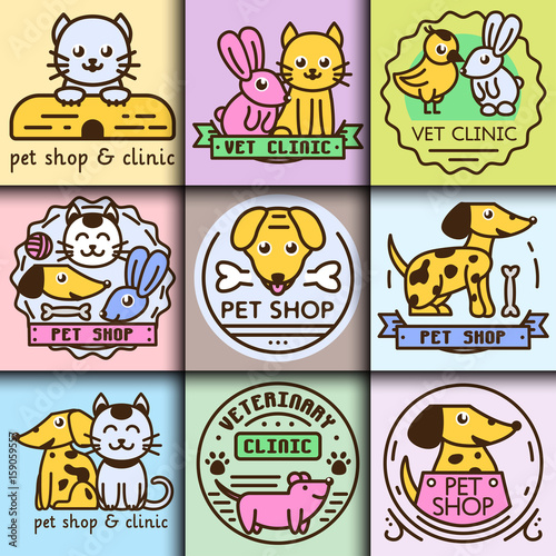 Pet badge vector graphic sticker set domestic insignia cat dog veterinary animal sticker illustration