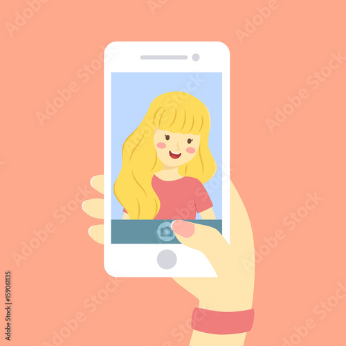 Curly blonde girl take a selfie picture of her self with smart phone vector illustration
