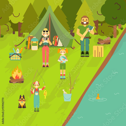 Happy family go camping and fishing. Vector illustration in flat style design. Cartoon people characters and tourist objects. Tent  fire  fishing rod  food  axe. Parents and kids on holiday