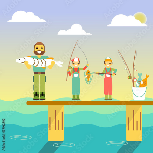 Happy family go fishing. Vector illustration in flat style design. Cartoon people characters fishing in sea. Parents and kids on a pier with fishing rods on holiday