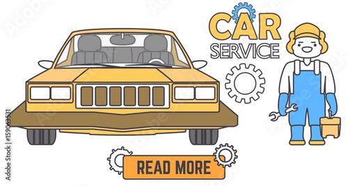 Car service banner. Mechanic worker in car repair shop. Flat vector illustration in cartoon style.