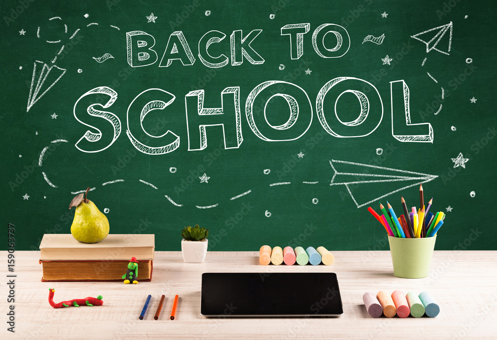 Back to school blackboard and student desk Back to school blackboard and student desk