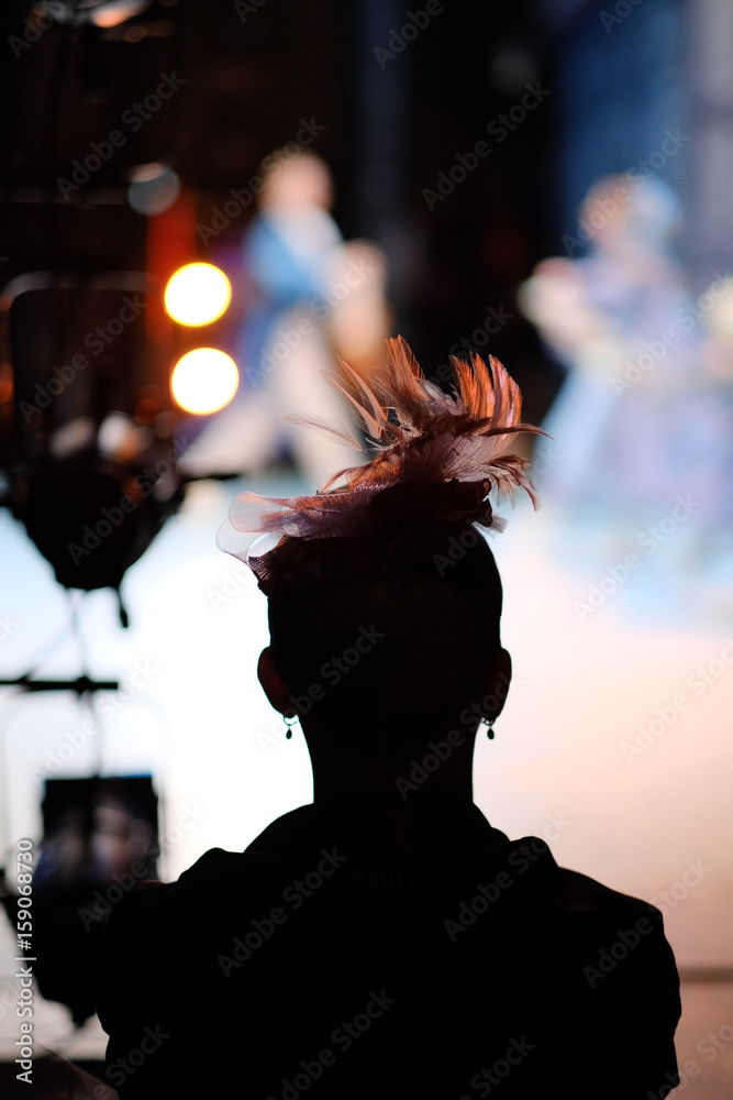 Obraz premium Silhouette of the actress in the light of the spotlights on the stage of the theater