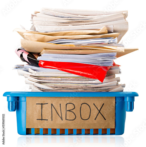 Bild auf Leinwand Procrastination - A full Inbox tray - Overwhelmed - Isolated on white background