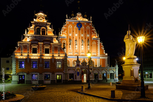 City Hall Square with House of the Blackheads in Old Town of Riga in the night, Latvia