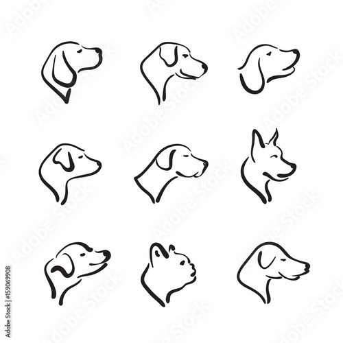 Vector group of hand drawn dog head on white background. Pet Animals.