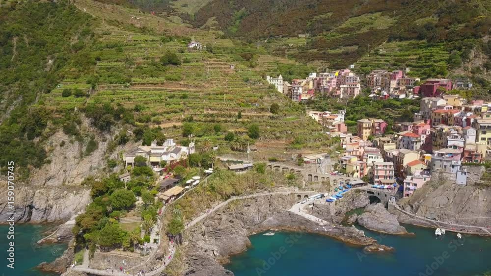manarola cinque terre aerial view italy flying sideways manarola cinque terre aerial view italy flying sideways