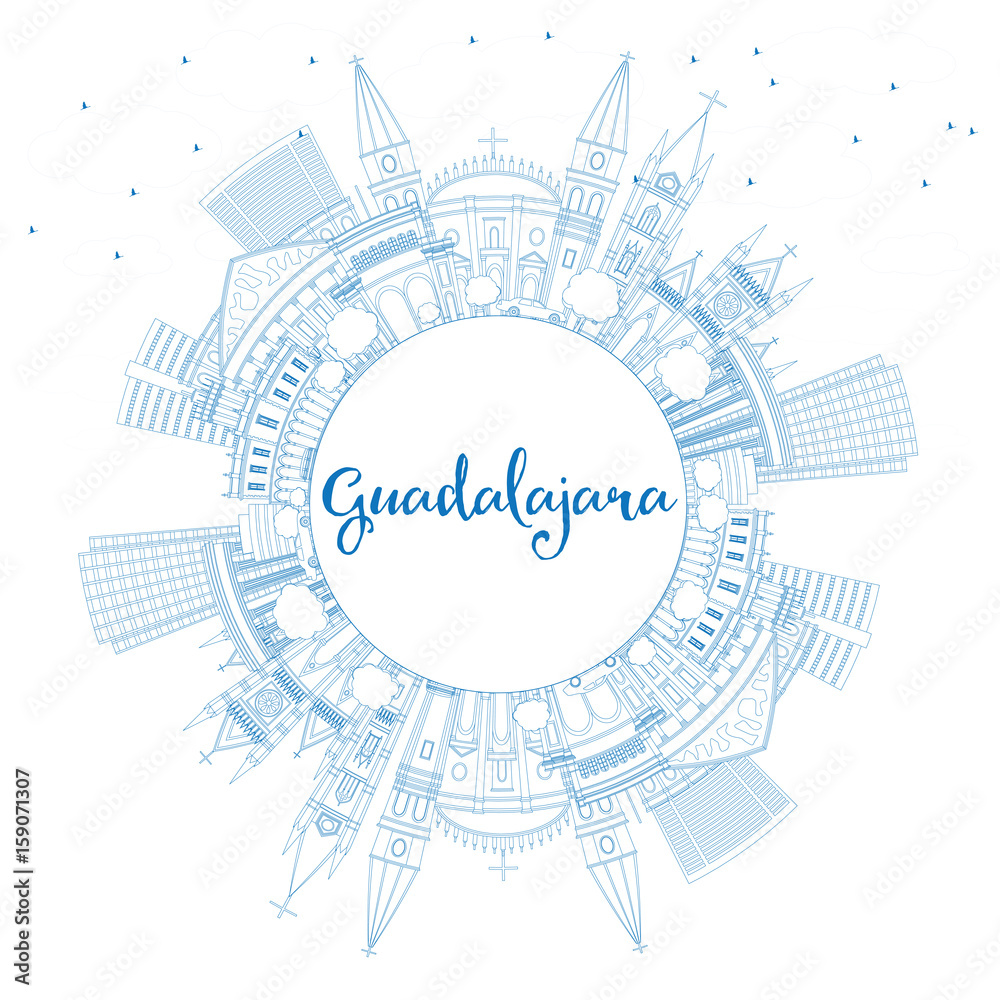 Outline Guadalajara Skyline with Blue Buildings and Copy Space.