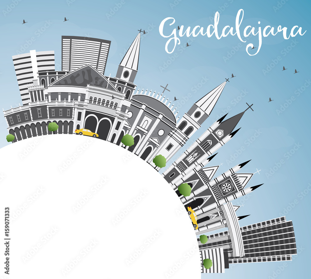 Guadalajara Skyline with Gray Buildings, Blue Sky and Copy Space.