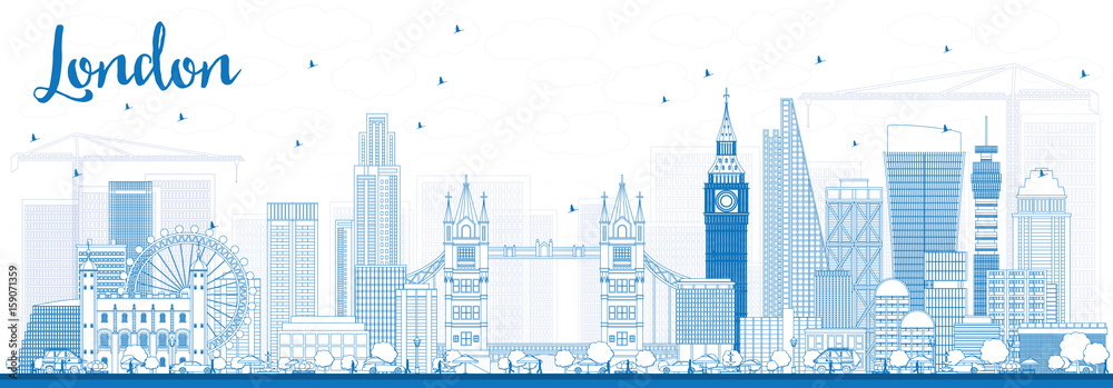 Outline London Skyline with Blue Buildings.